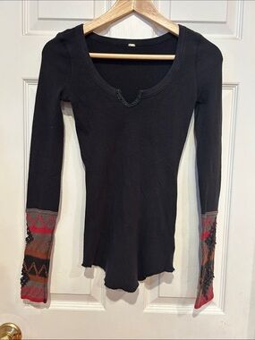 Free People Black Long Sleeve Scoop Neck Top with Multicolor Aztec Cuffs